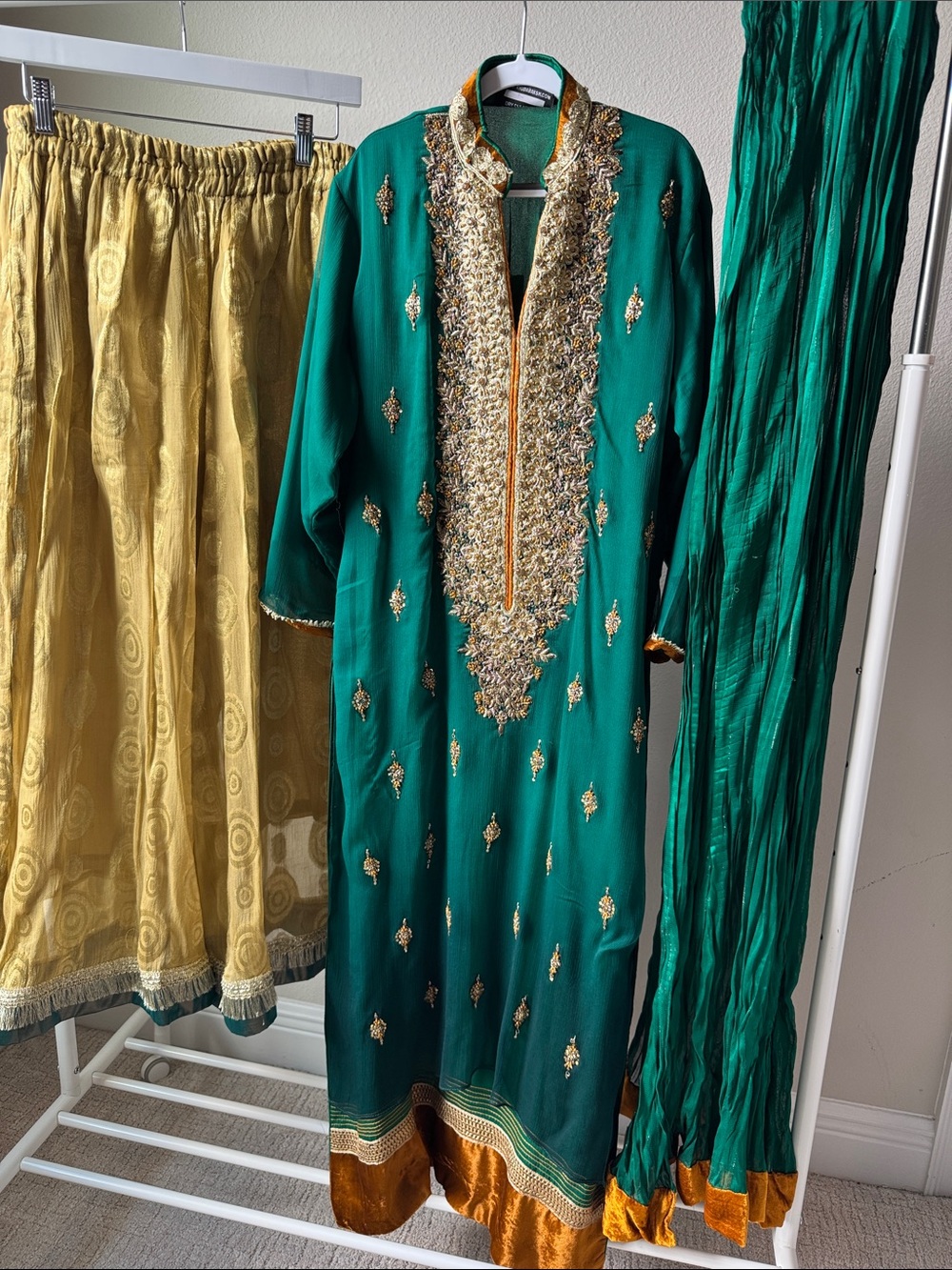 Pakistani/indian Green and Gold Embroidered women Dress with Dupatta